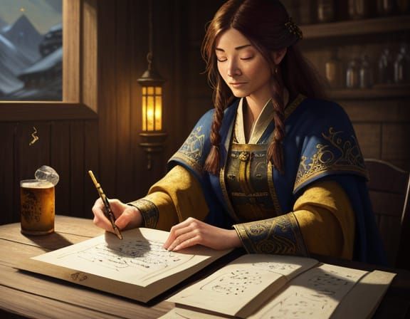 Female Scribe Writing in a Tavern, Digital Painting