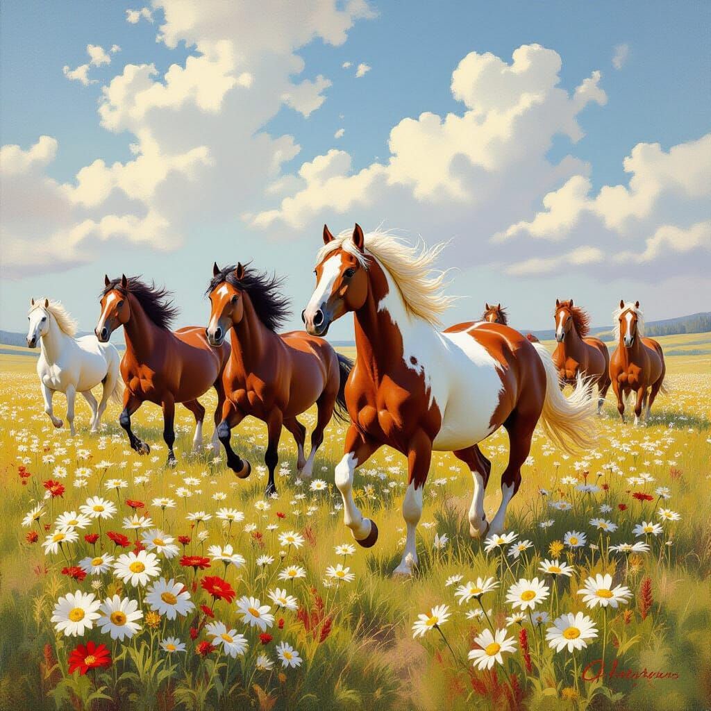 Majestic Red And White Horses Gallop Through Daisy Field