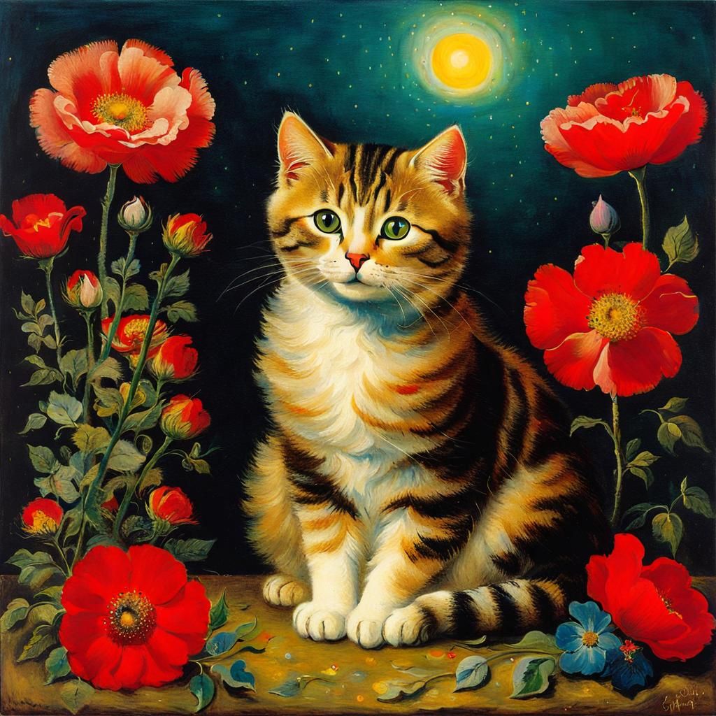 Cat with Flowers in Abstract Realism Style