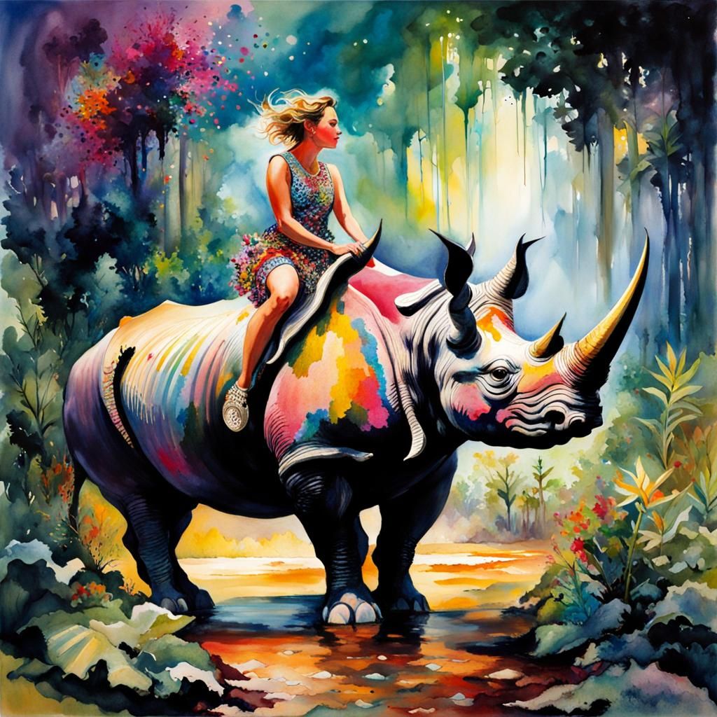 Pixie Riding a Rhino in Watercolor Fantasy