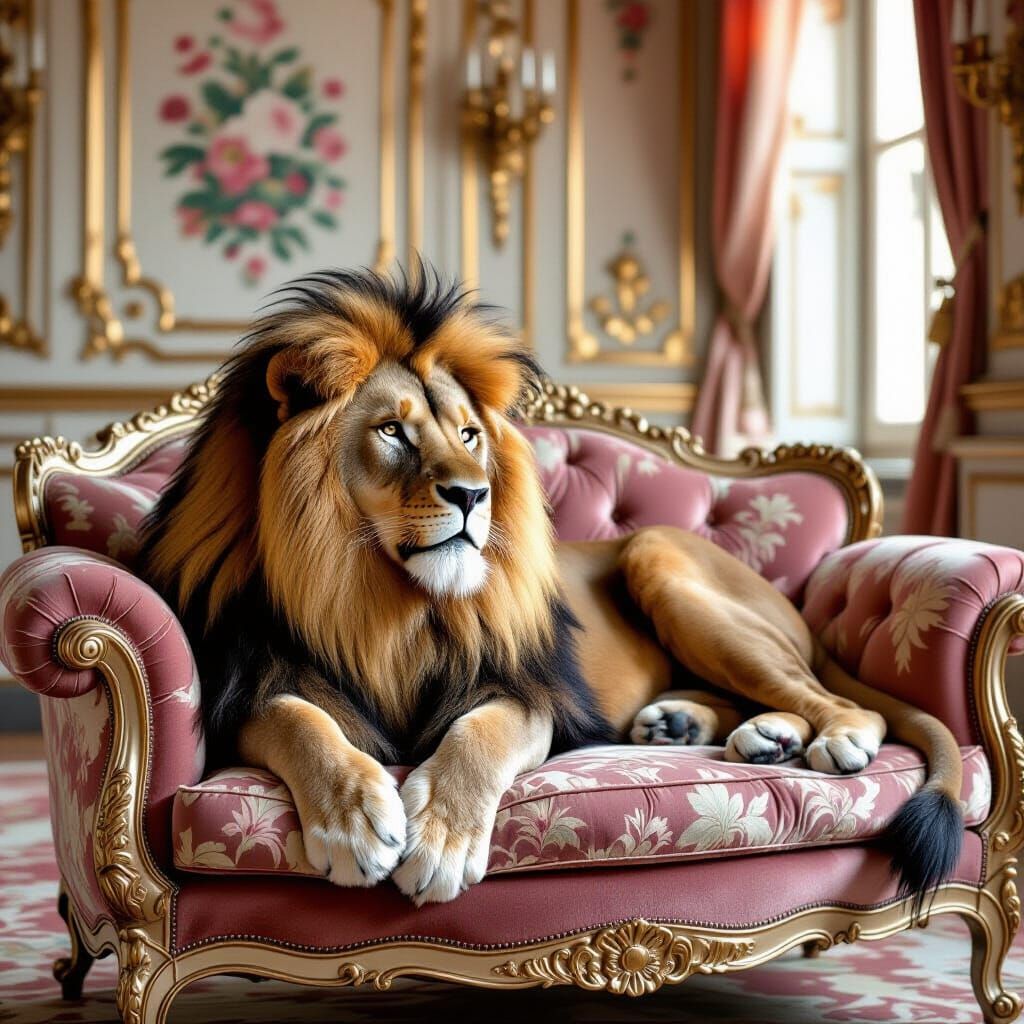Majestic Lion in Opulent Rococo Style with Floral Motifs