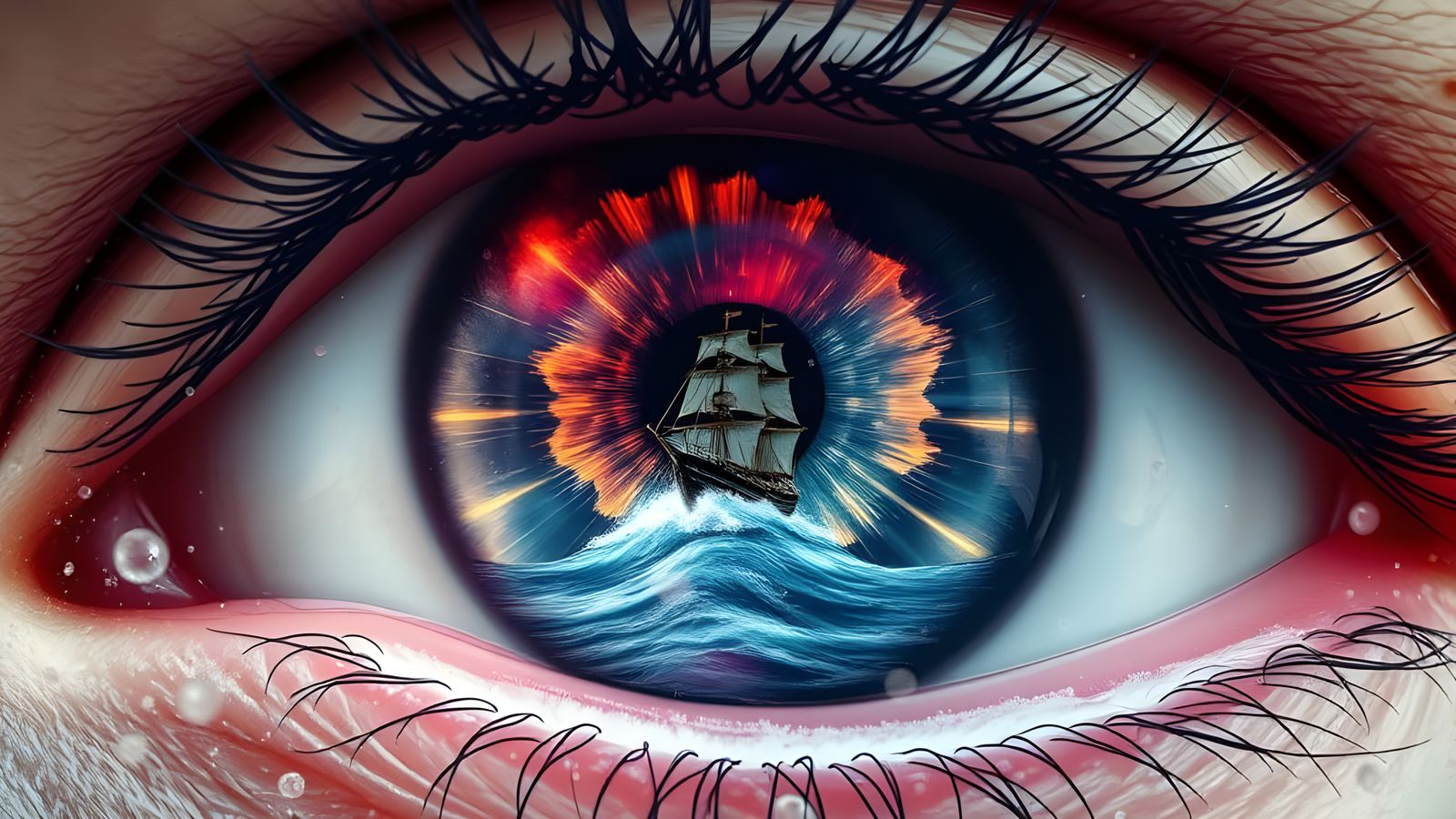 Vibrant Close-Up Portrait of a Tiny Ship Emerging from a Gia...