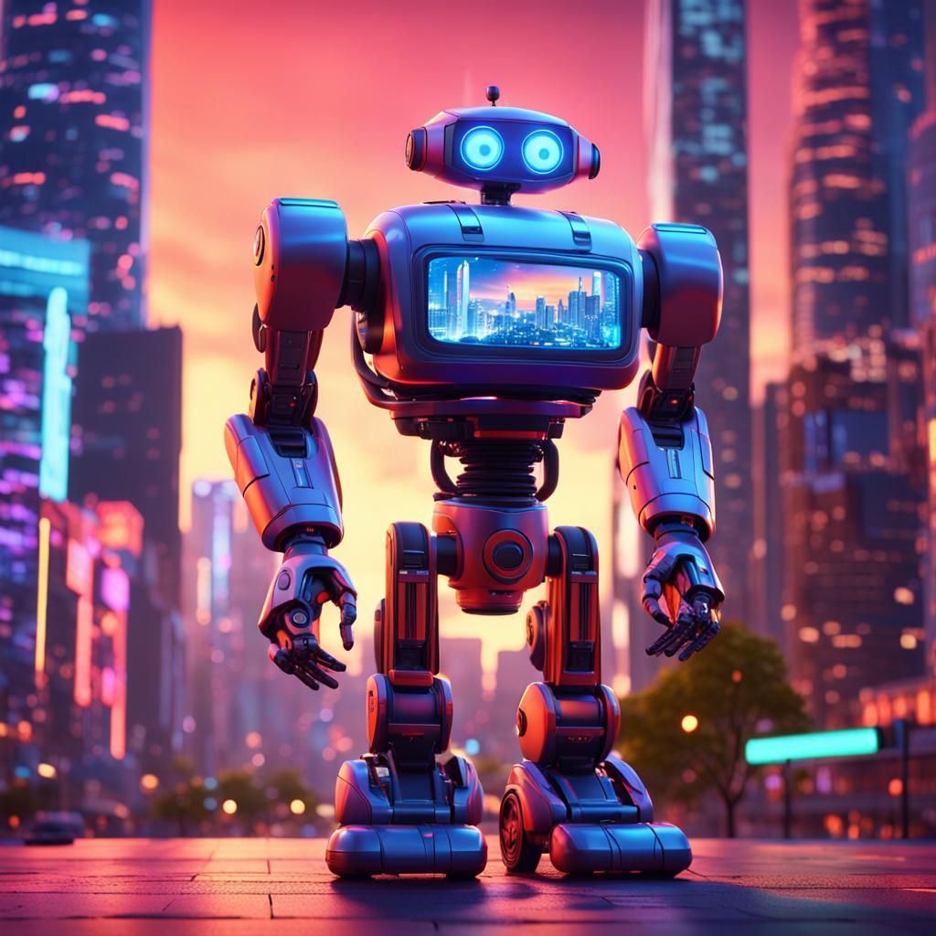 Heroic Robot in Futuristic Cityscape: Pixar 3D Animation