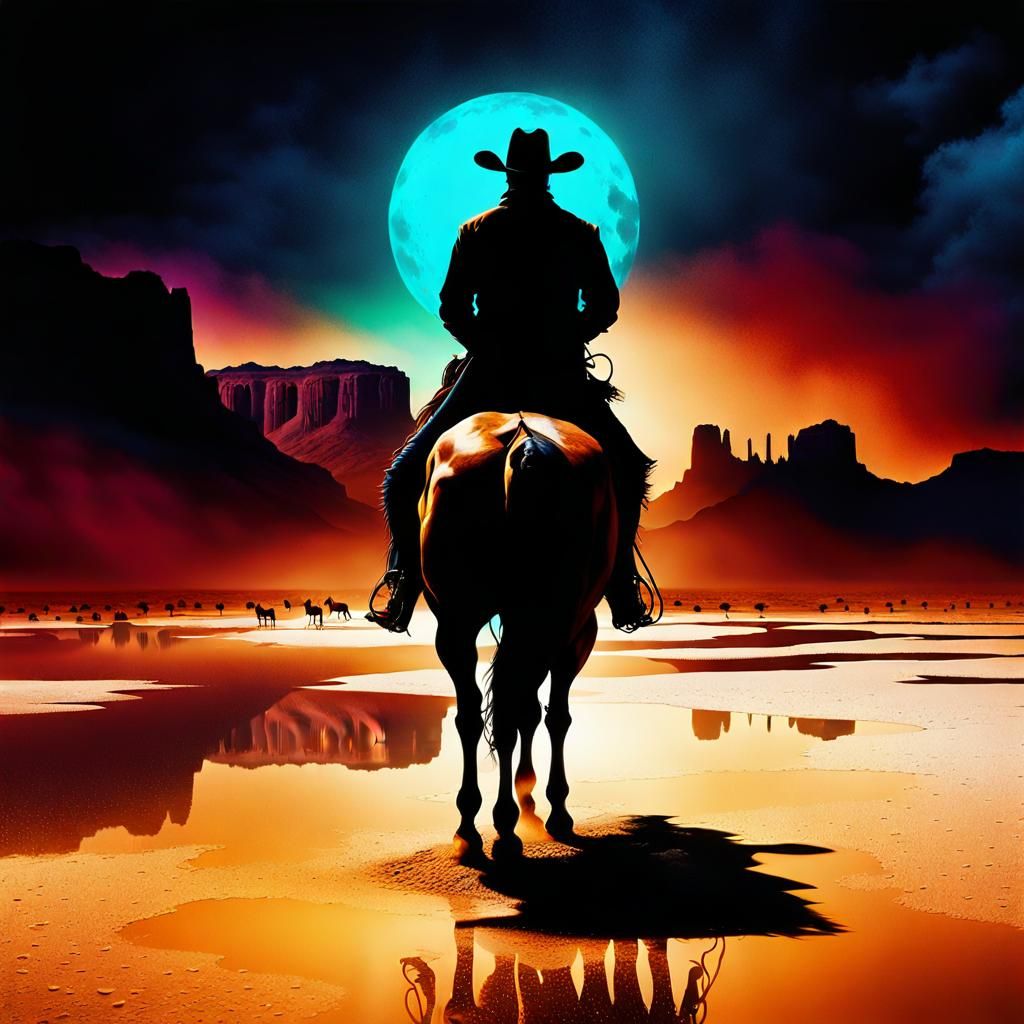 Noir Cowboy on Horse in Desert Moonlight