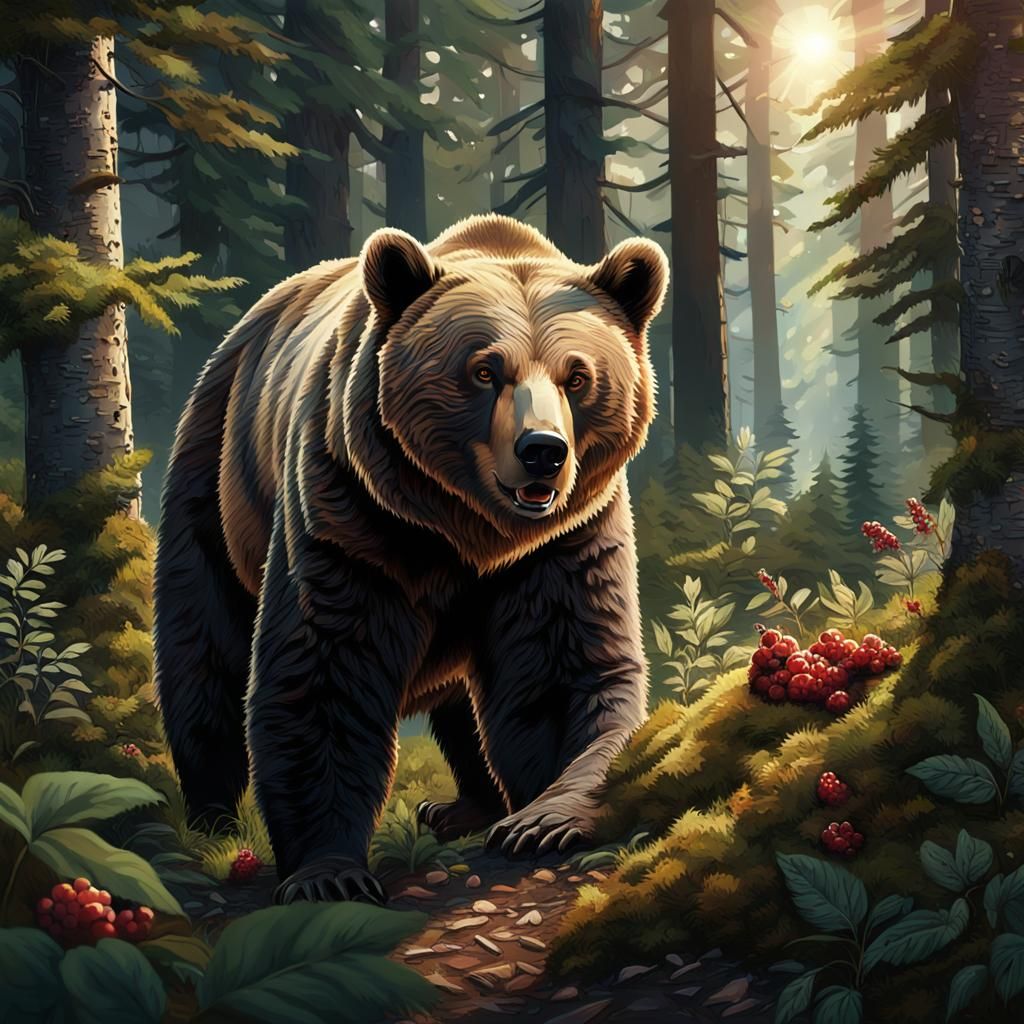 Hyperrealistic Bear Foraging in Forest Concept Art