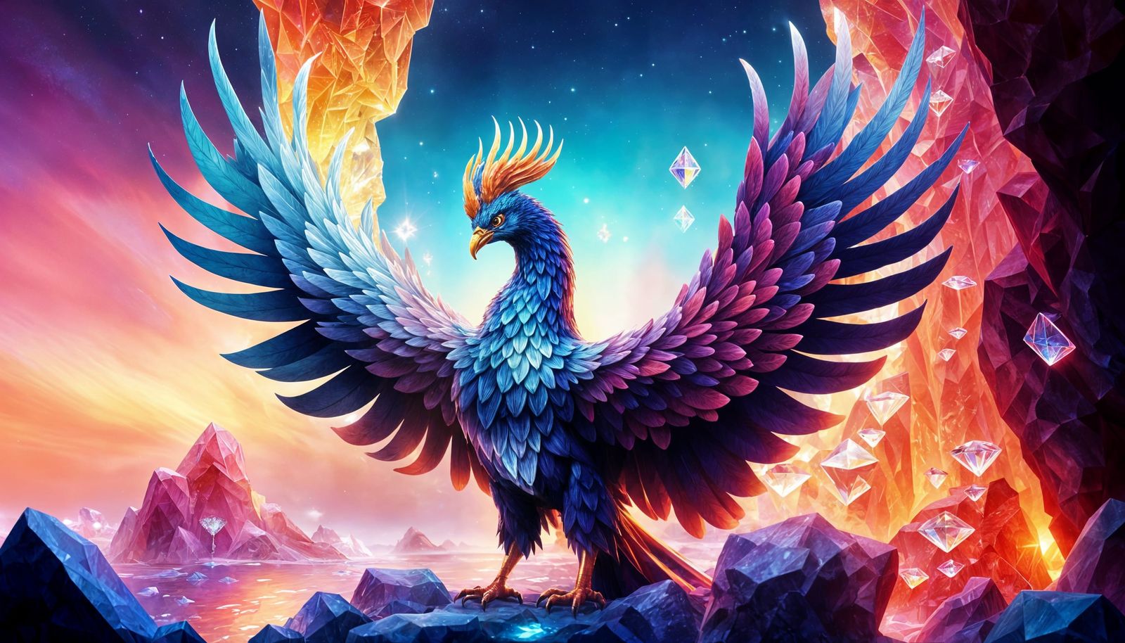 Diamond Phoenix Guarding Crystal Cave in Hyperrealism