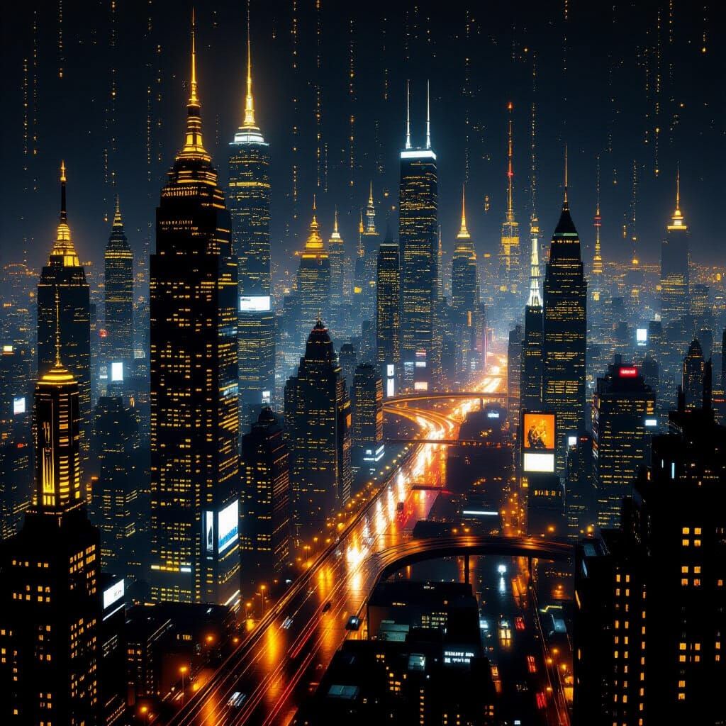 Golden Neon Night Cityscape in Transparent Dimension