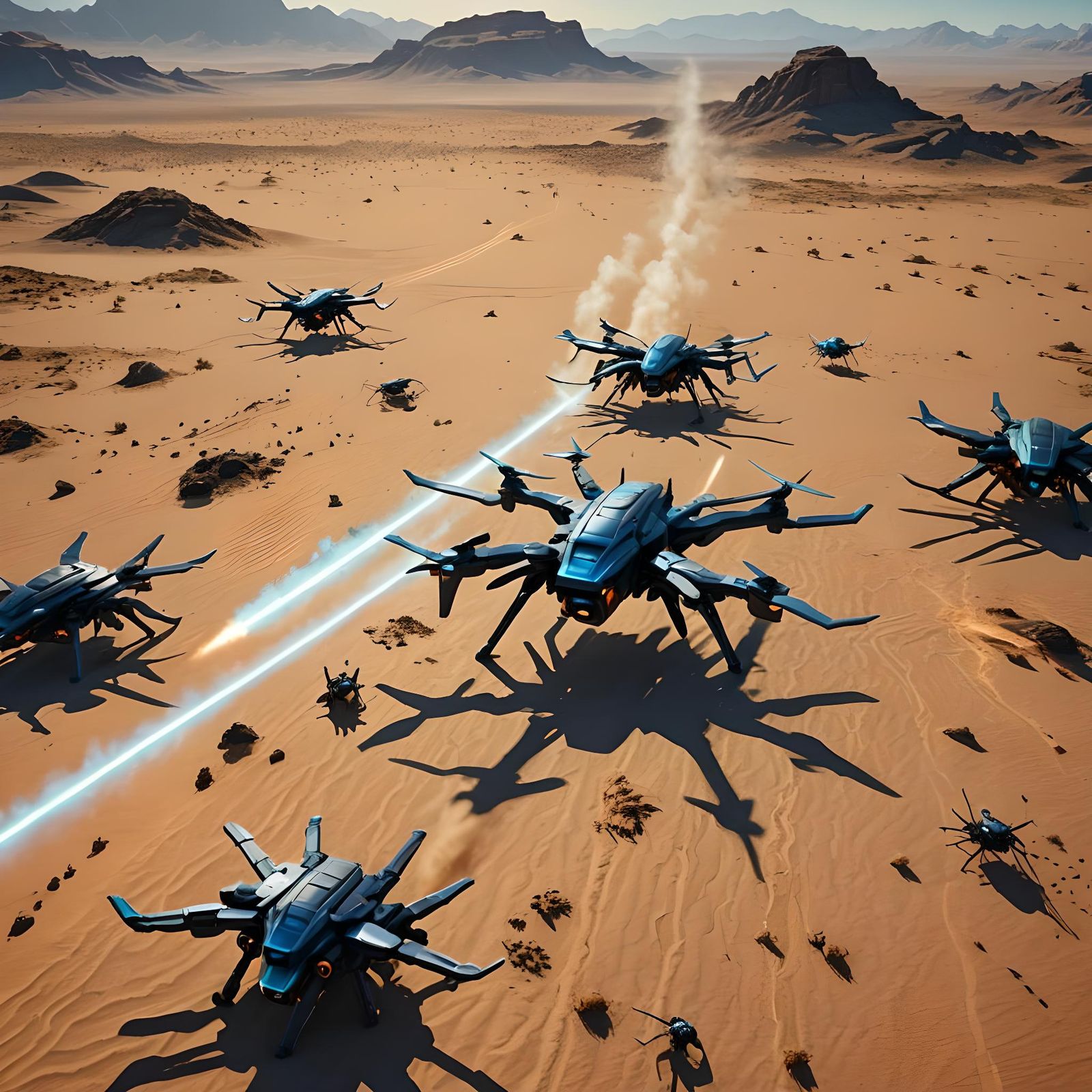 Futuristic Drone Warfare in Desert Landscape