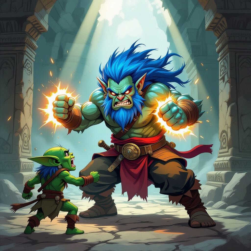 Dwarf Monk's Electric Fury vs. Goblin in Ancient Temple