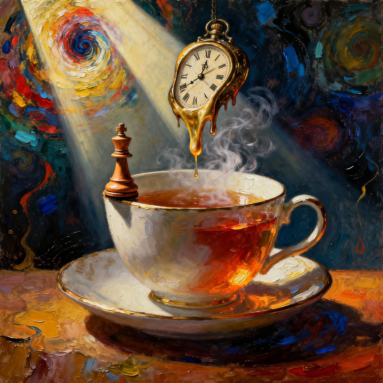 Melting Clock Tea Surrealism with Chess Piece