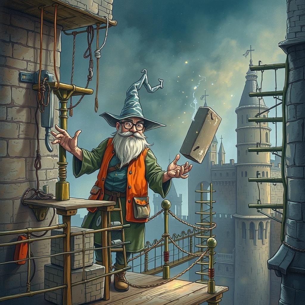 Construction Wizard Zaps Stone Block, Quentin Blake Style