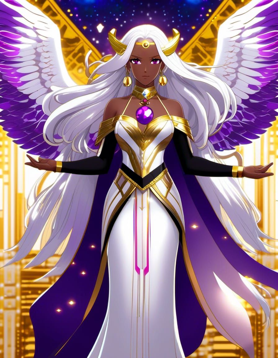Anime Goddess URD, long white hair, medium brown skin tone, deep purple eyes, inverted purple triangle mark on forehead,...
