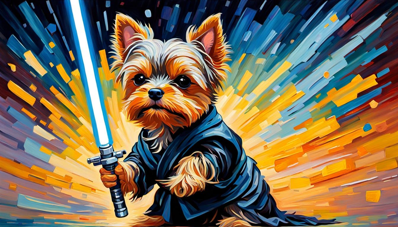 Yorkie Jedi Master with Lightsaber in Neo-Impressionist Oil ...