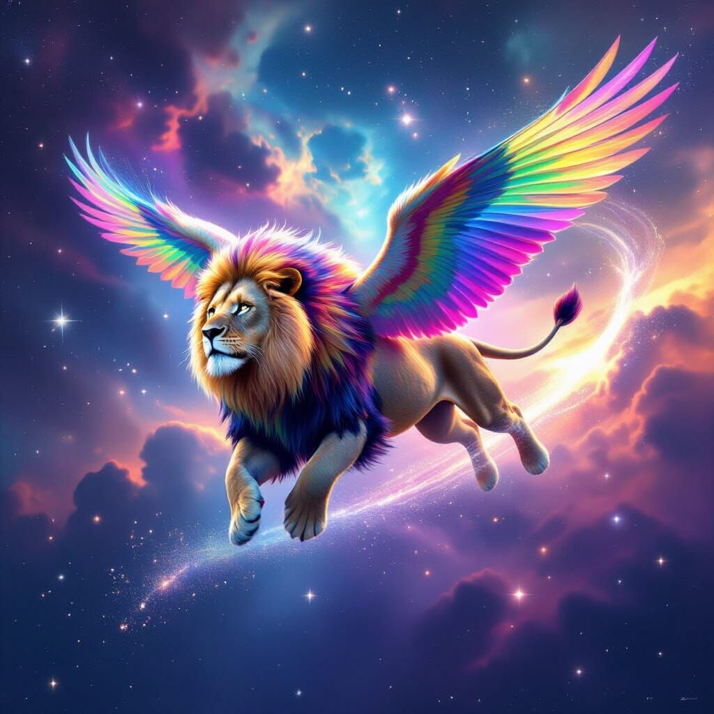 Rainbow-Winged Lion Soaring Through Nebula, Hyperrealistic A...
