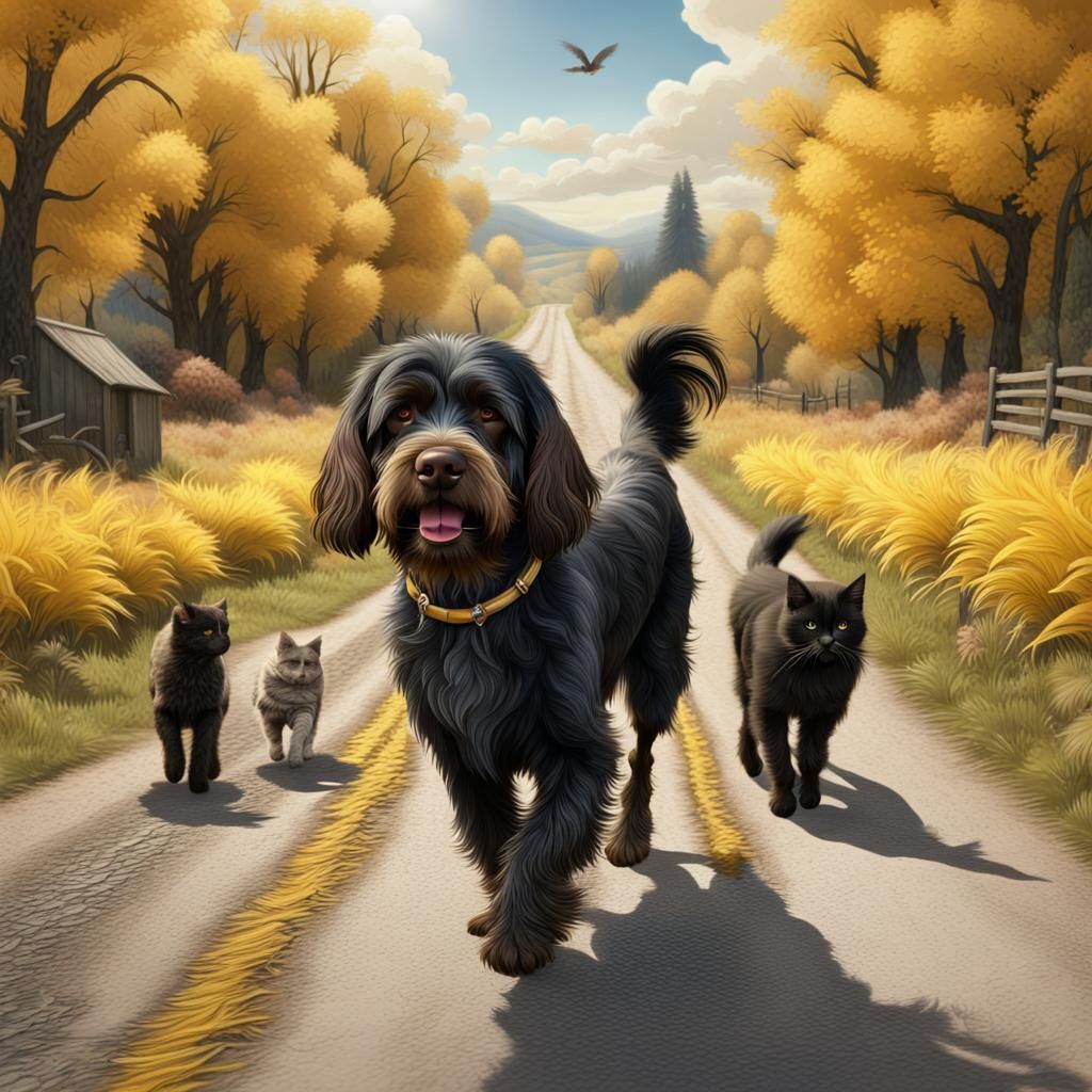 Wirehaired Griffon and Cats on Country Road