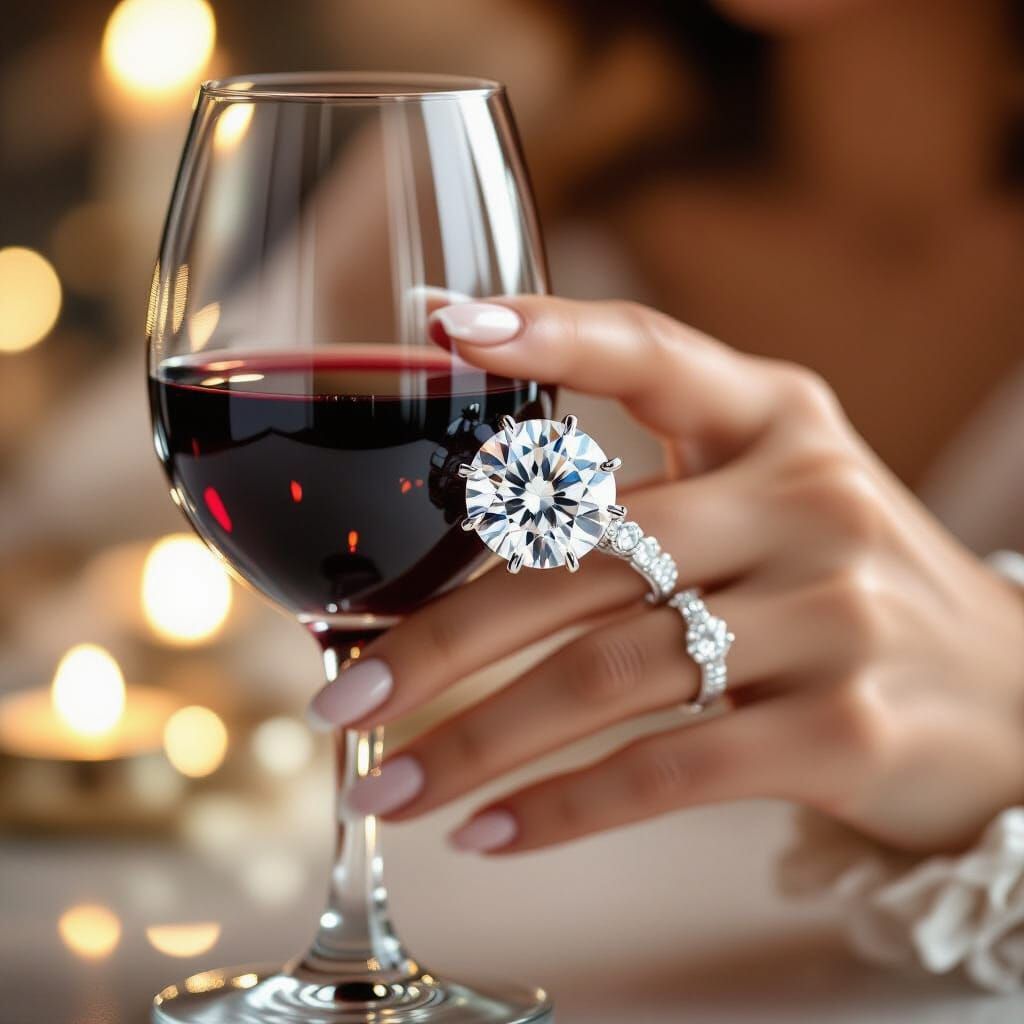 Radiant Diamond Ring Sparkles on Elegant Finger with Wine