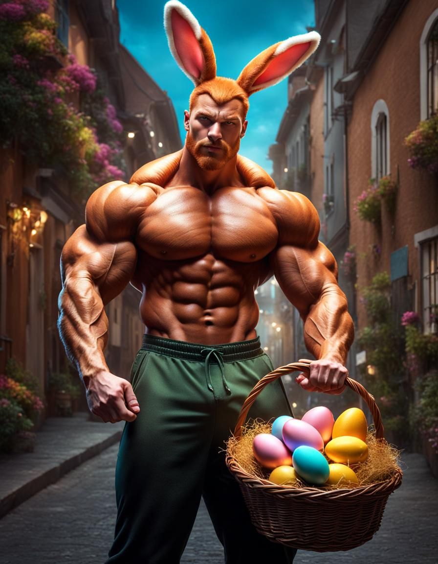 Muscular Easter Bunny Bodybuilder in Detailed Digital Painti...