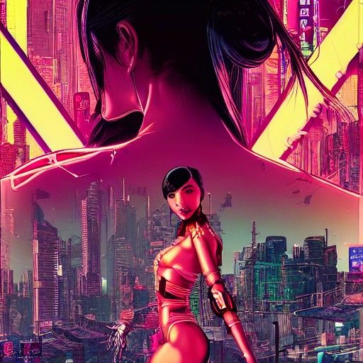 Cyborg Succubus in Cyberpunk Cityscape, Graphic Novel Style