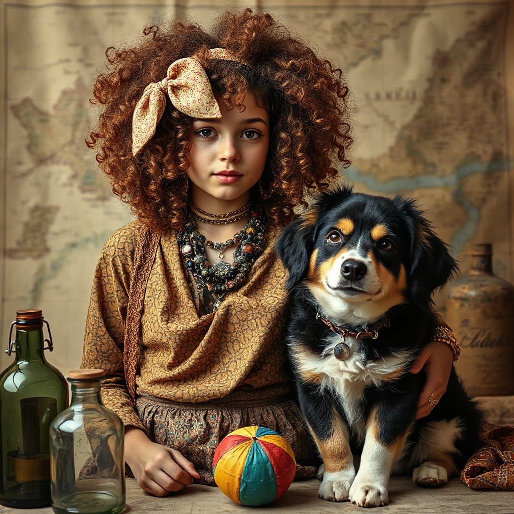 Bohemian Woman with Curly Hair and Dog in Vintage Map Settin...
