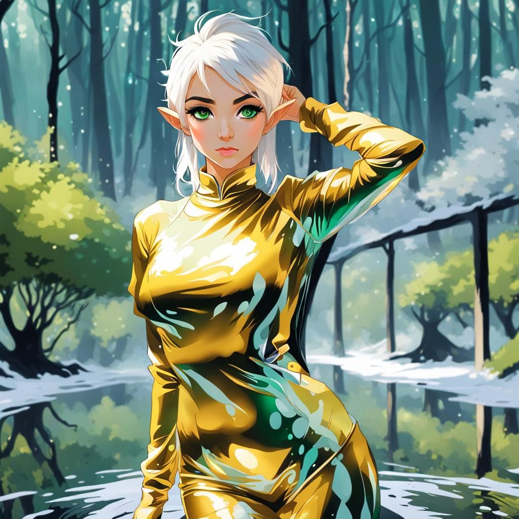 Eerie Forest Elf in Lush Flora, Ink Art