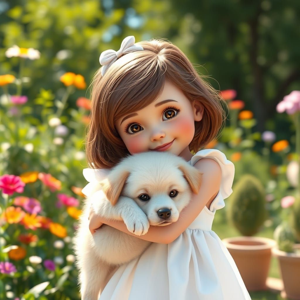Girl Hugging Puppy in Sunny Summer Garden