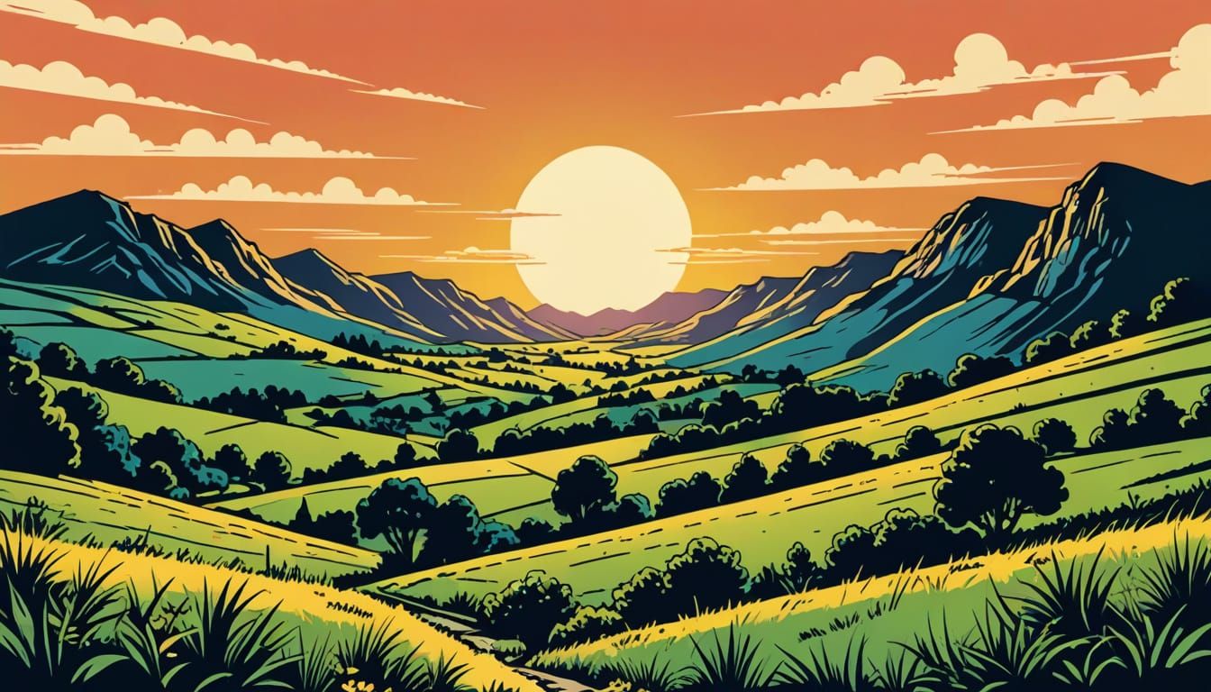 Retro Sunset in the Valley, in Vintage Comic Book Style