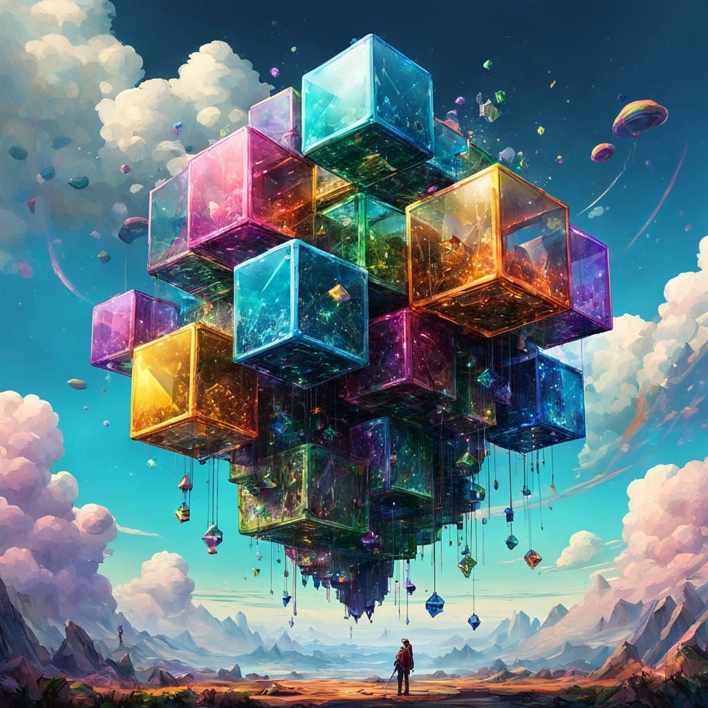 Ethereal Rainbow Crystals in Clouds, in a Fantasy Art Style