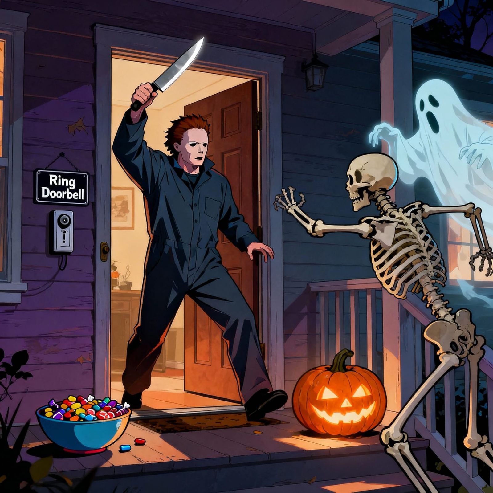 Michael Myers Chases Ghosts and Skeletons Off Porch