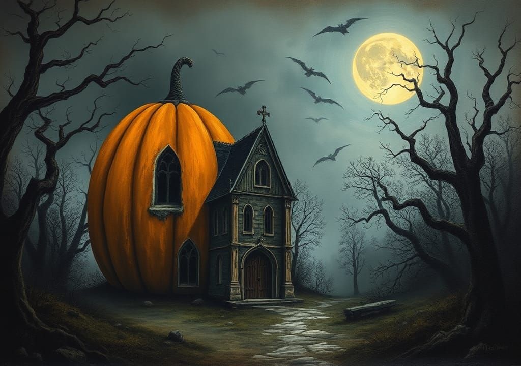 Intricate medieval drawing of ancient ruins of an orange pumpkin-shaped house with a gothic gate in the middle of a myst...