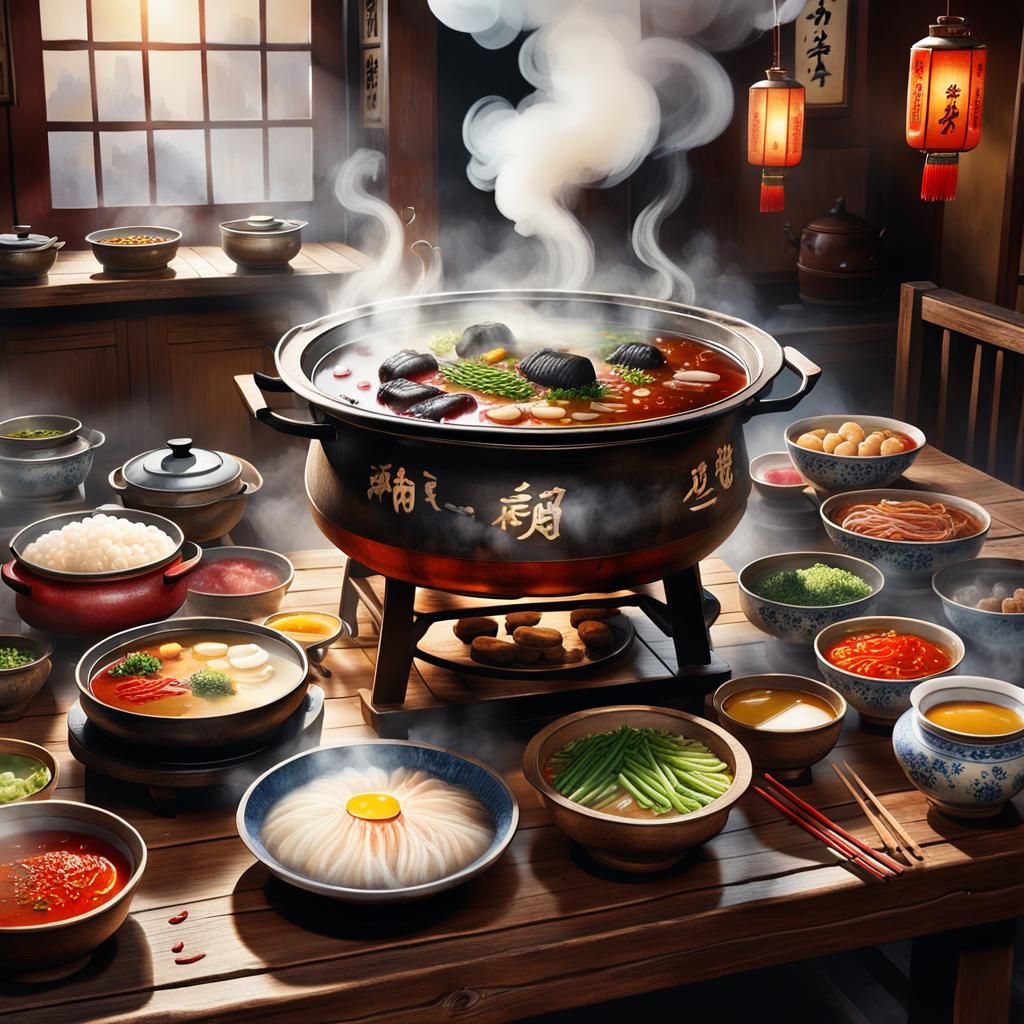 Chinese Hotpot in Ink Wash Painting Style