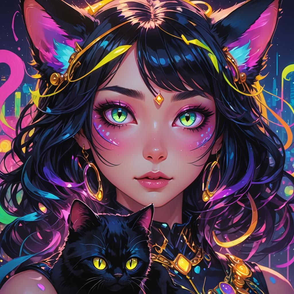 Neon Cat-Girl Portrait in Fantasy Style