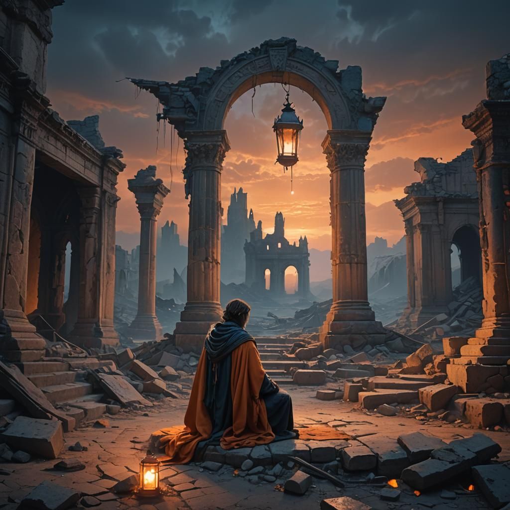 Melancholic Figure in Ruins: Fantasy Concept Art