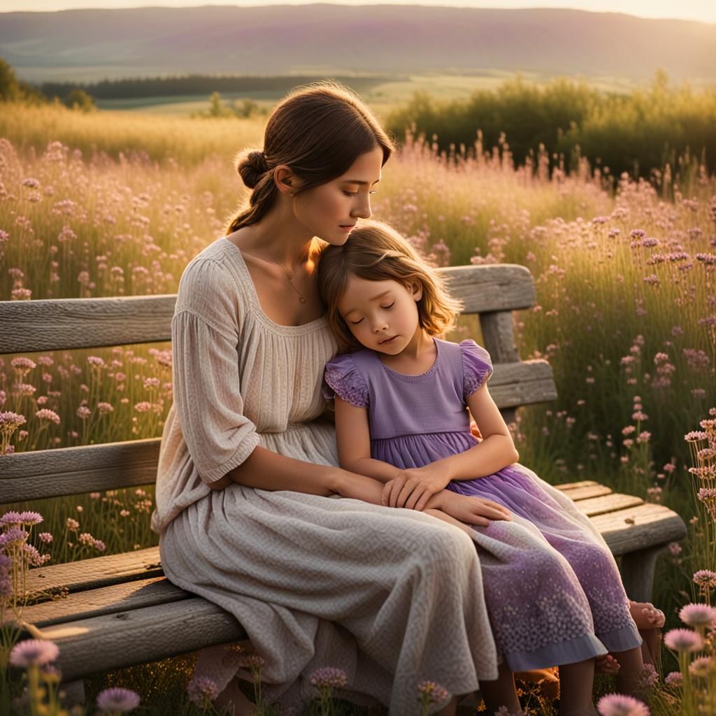 Warm Family Moment on a Golden Hour Bench
