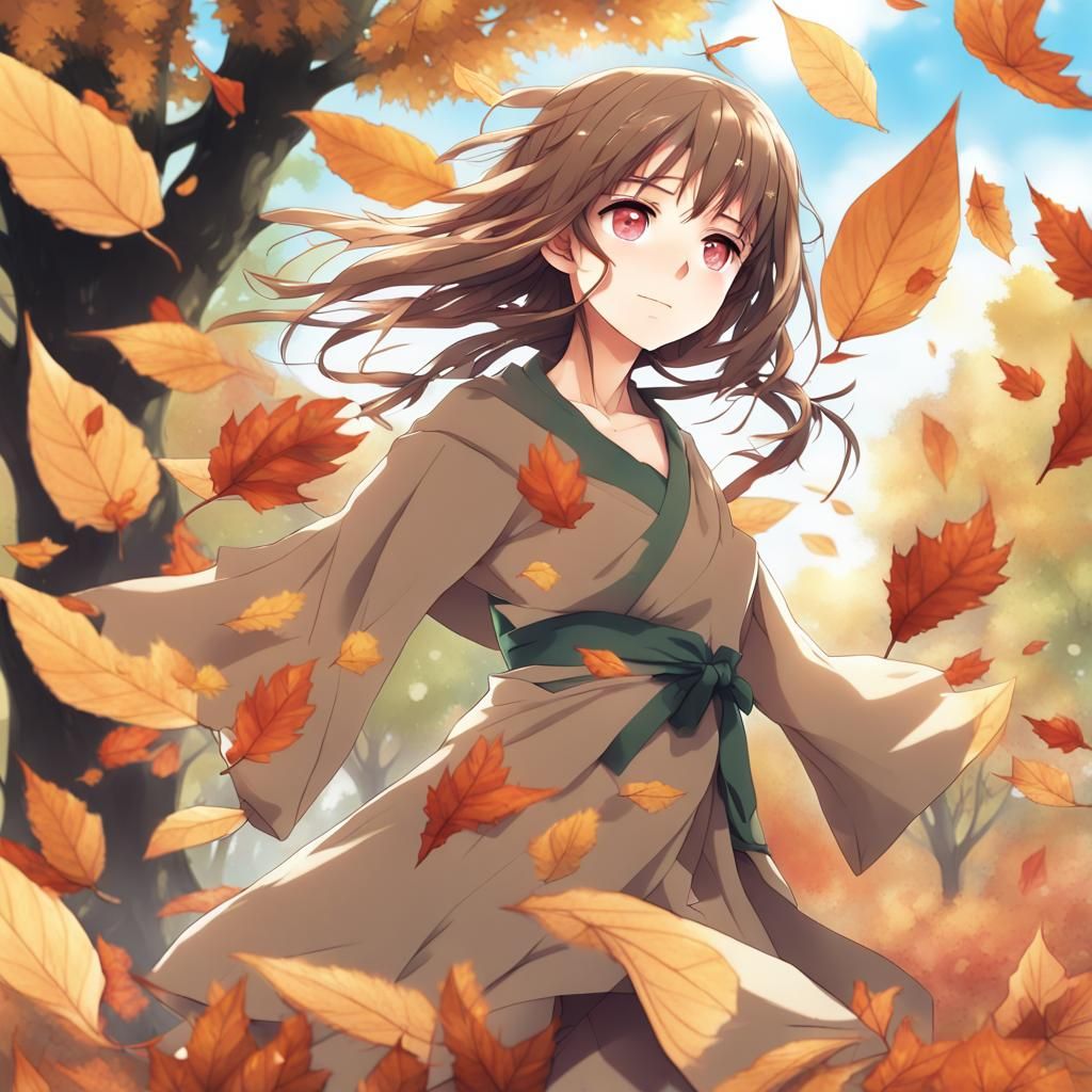 Anime Girl Surrounded by Autumn Leaves