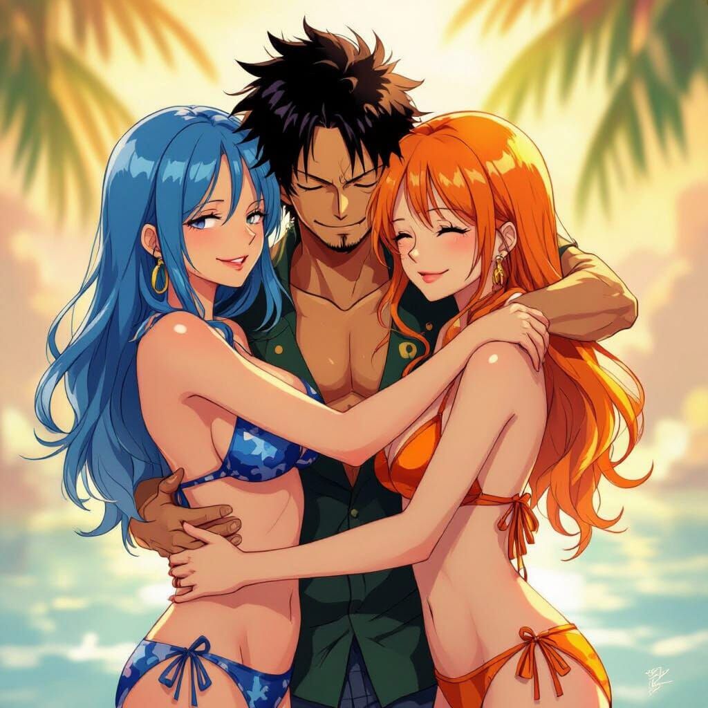 One Piece Characters Vivi and Nami Embrace Man in Golden Hou...