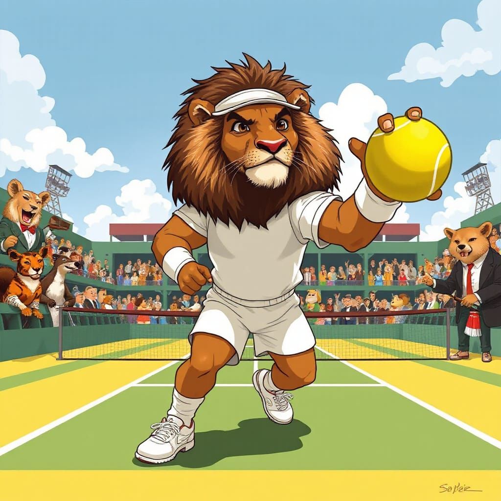 For the "The Wombledon Open" challenge, imagine a majestic lion in a pristine white tennis outfit, complete with a tiny ...