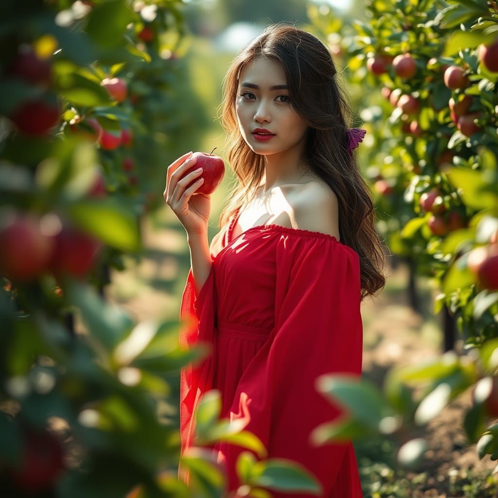 Serene Japanese Woman in Orchard with Red Apple