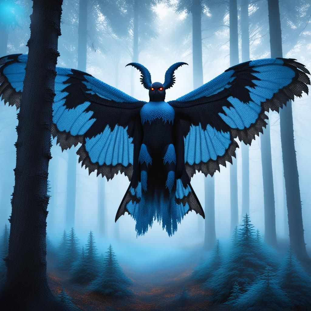 Crocheted Mothman in Fog, Art Nouveau Digital Art