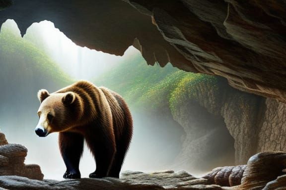 Brown Bear in Cave: Detailed Digital Art