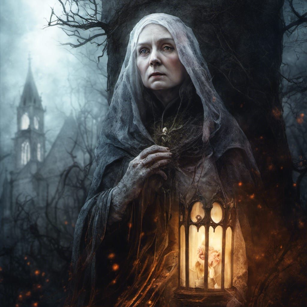 Ethereal Woman in Churchyard, Watercolour Painting