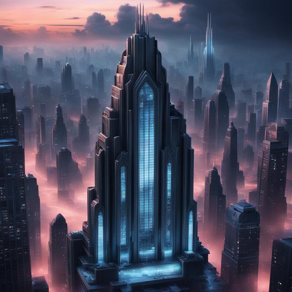 Futuristic Art Deco Skyscraper in Metallic Sunset