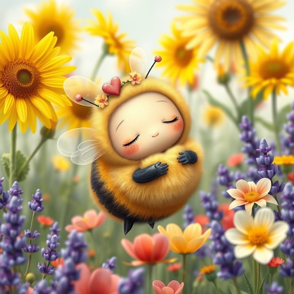 Sleepy Bumblebee in Vibrant Flower Meadow, Whimsical Art