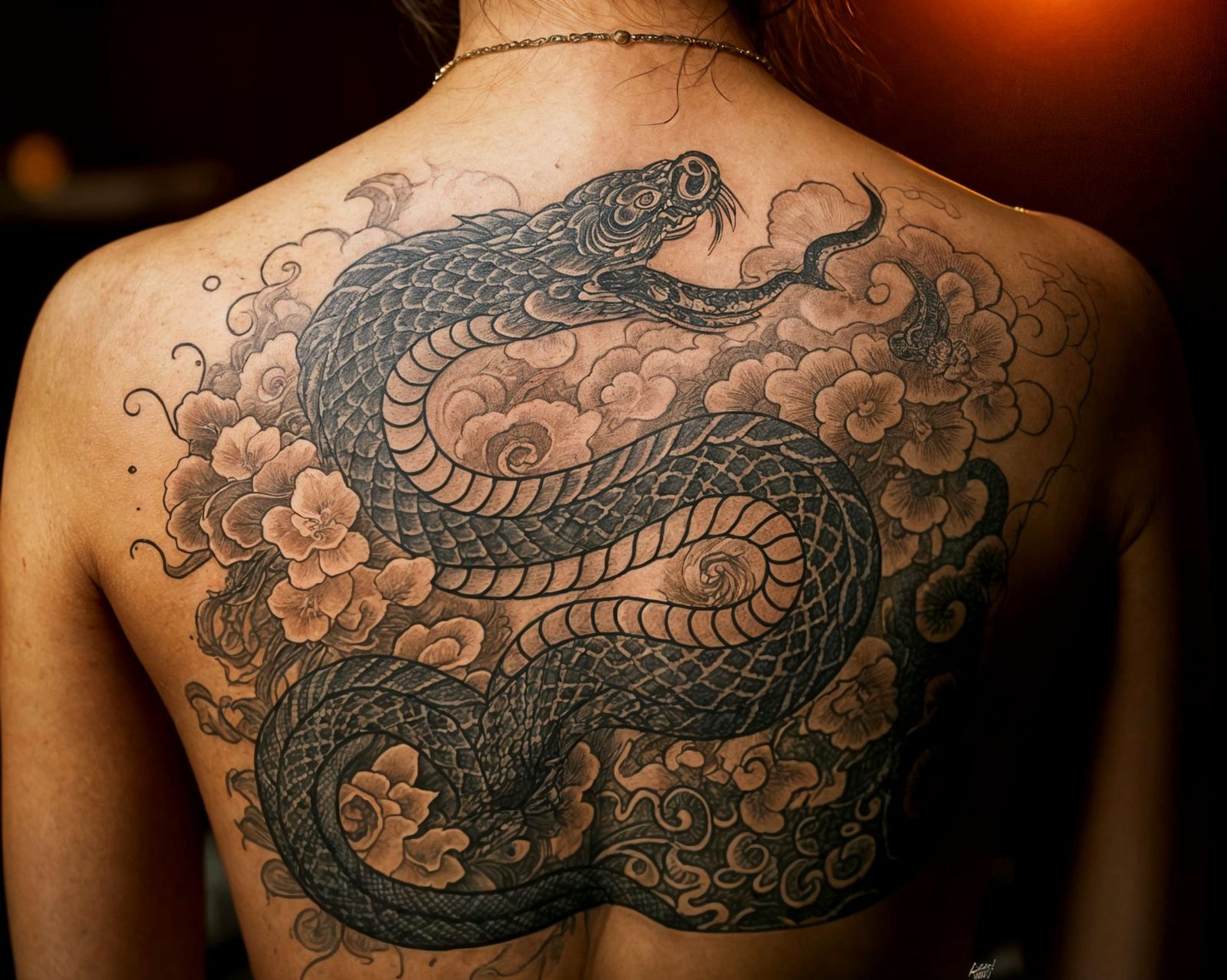 Mystical Chinese Snake Tattoo in Warm, Serene Ambiance