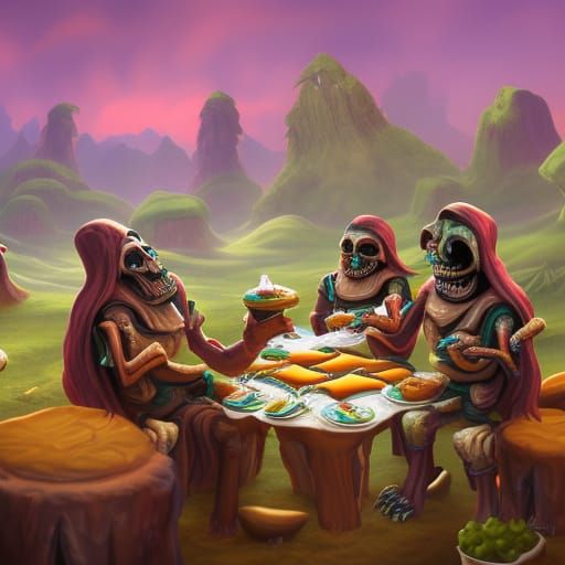 Fantastical Giant Skeletons Eating Pie