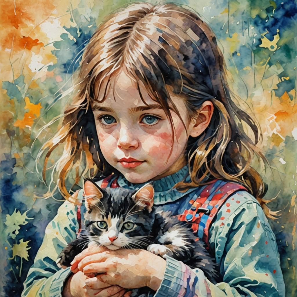 A little girl and her kitten. Watercolor effect. neo-impress...