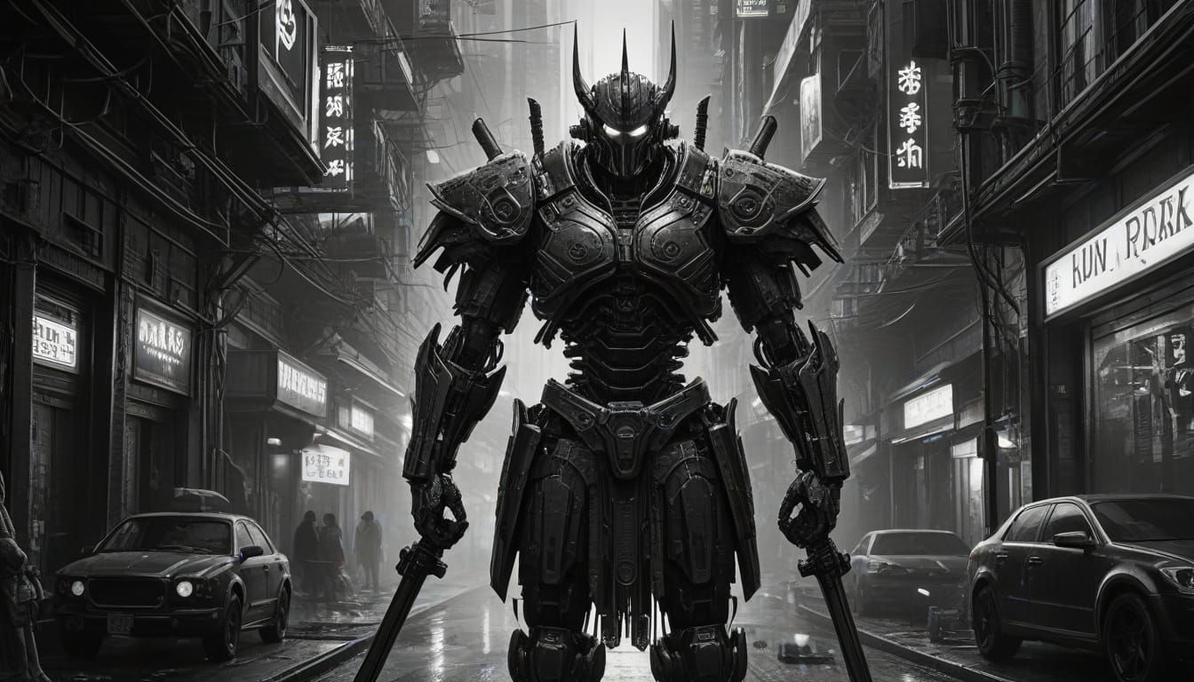 Steampunk Samurai Robot in Neon Cityscape, 8k Wallpaper