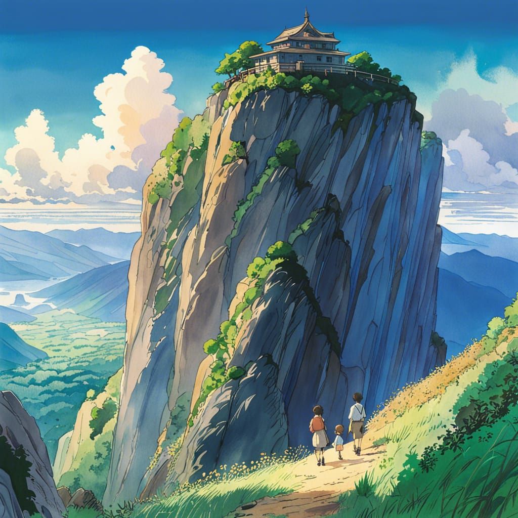 Mountain Cliff in Studio Ghibli Anime Style