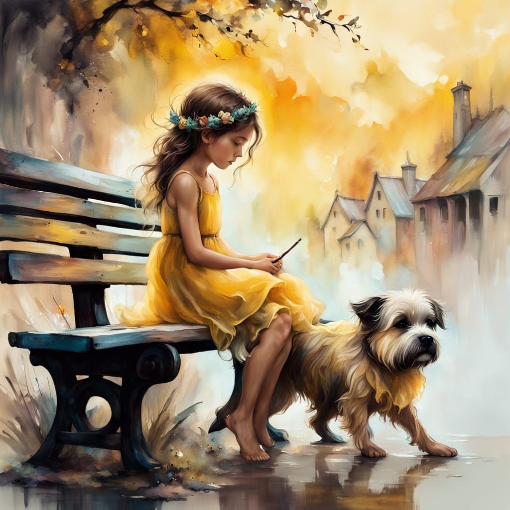 Ethereal Fantasy Girl with Dog in Soft Oil Painting
