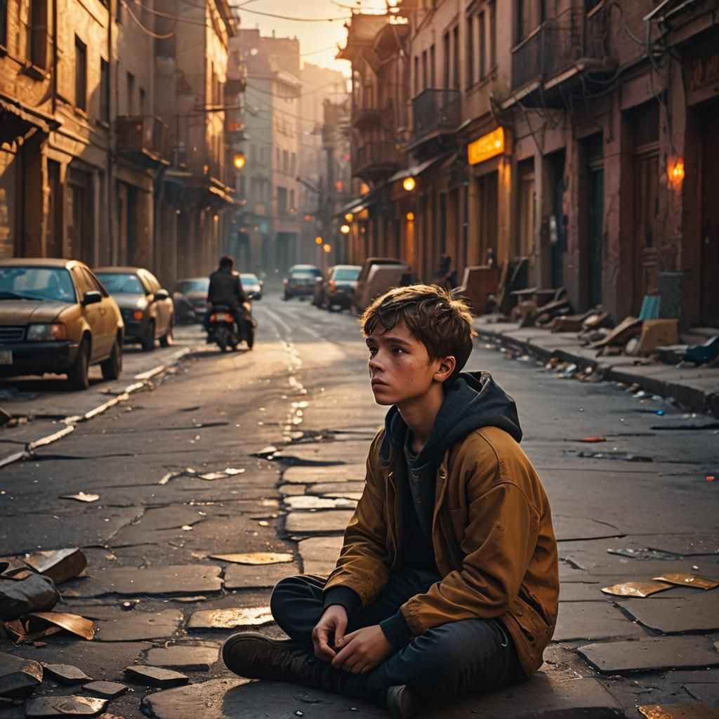 Sad Boy in Deserted Street: Digital Matte Painting