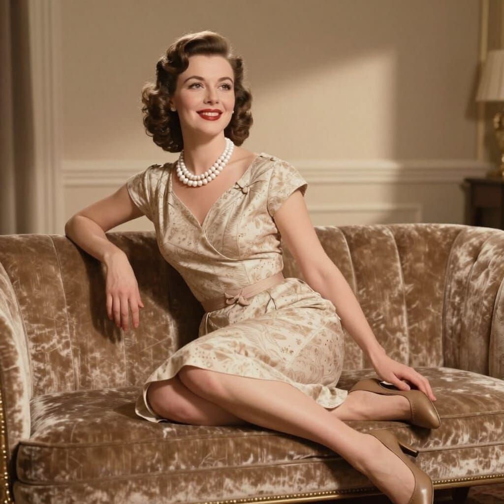 Elegant 1950s Woman Poses on Settee in Gorgeous Dress